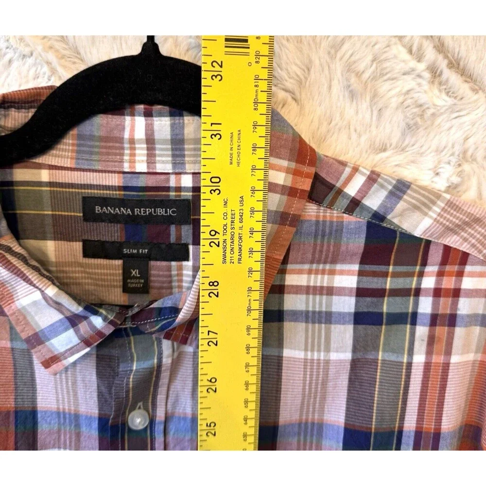 Banana Republic Shirt XL Button-Down 100% Cotton Slim‎ Fit Plaid Red Blue